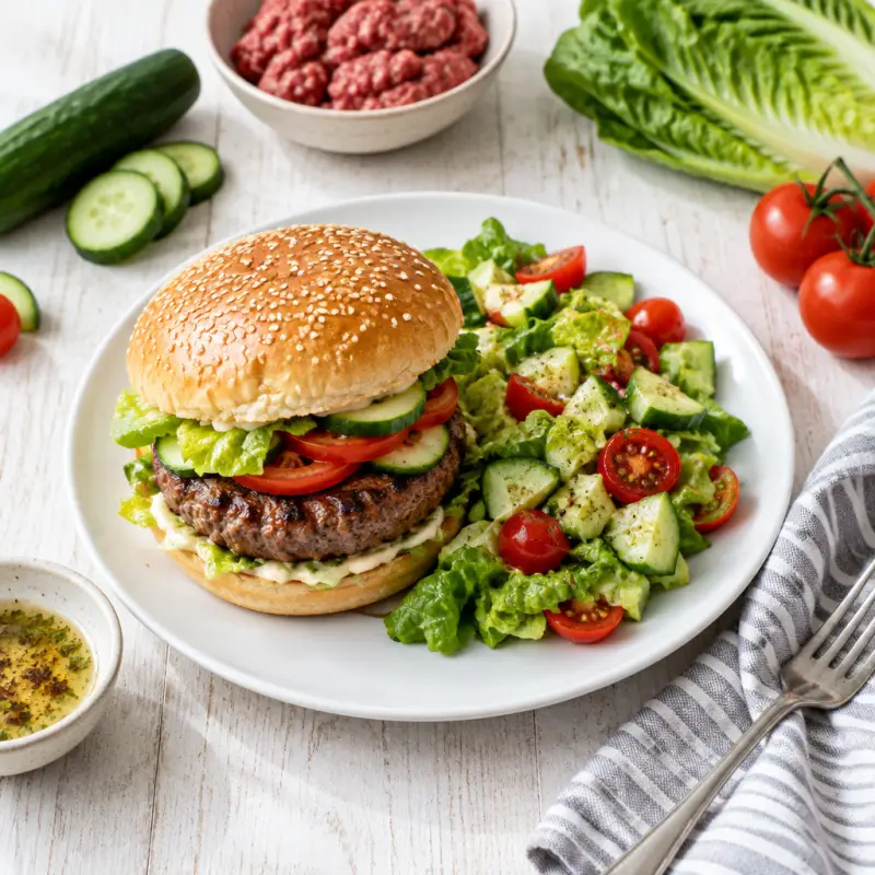 Classic Beef Burger with Chopped Salad, plated