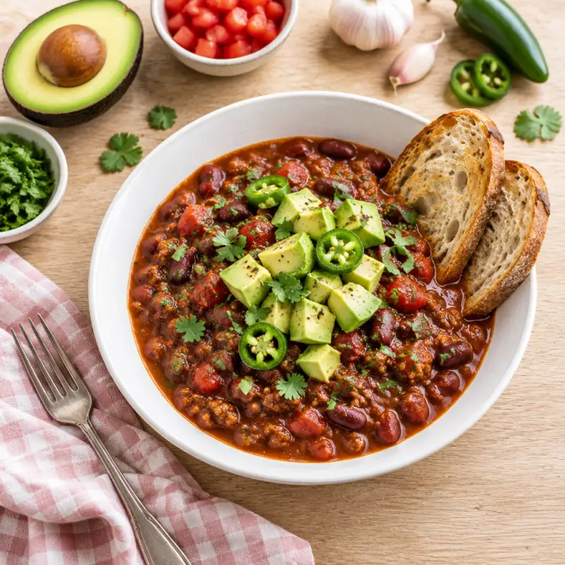 Classic Beef Chili with Avocado & Crusty Bread, plated