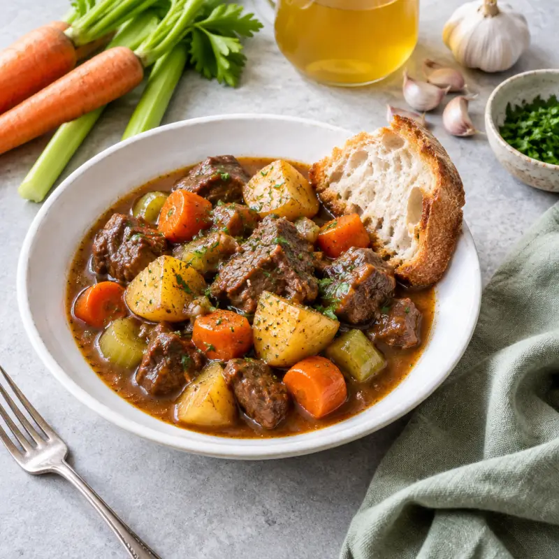 Classic Beef Stew with Potatoes, Carrots, Celery & Crusty Bread, plated