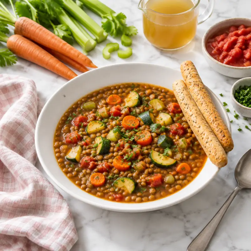 Classic Lentil Soup with Zucchini, Carrot, Celery & Breadsticks, plated