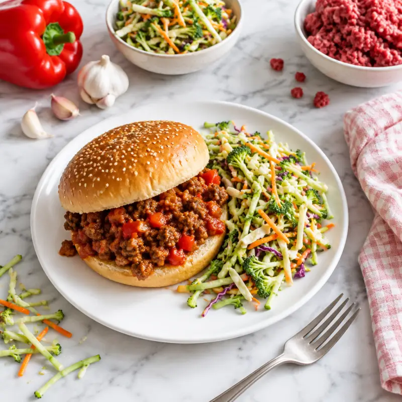 Classic Sloppy Joes with Zesty Broccoli Slaw, plated