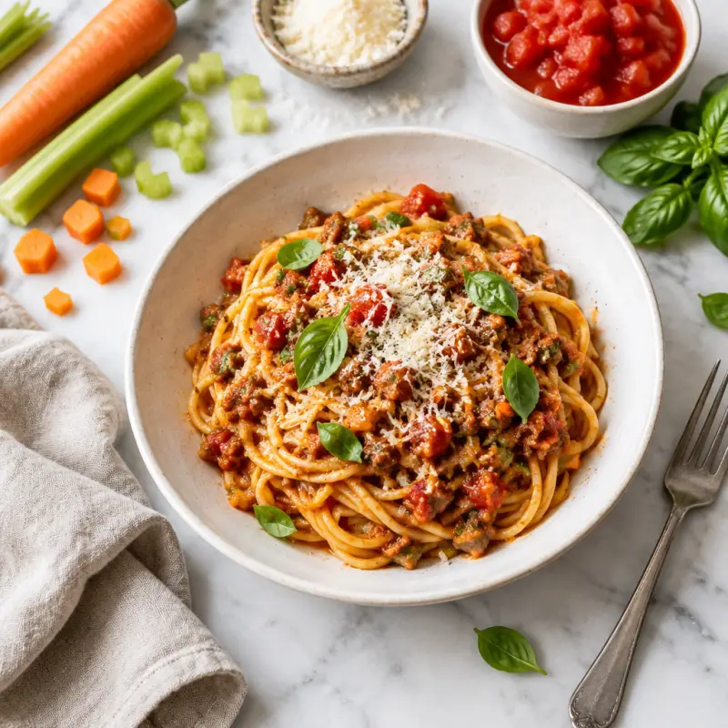 Classic Spaghetti Bolognese with Parmesan & Basil, plated