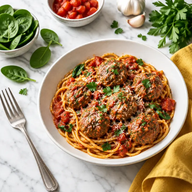 Classic Spaghetti & Meatballs with Tomato Sauce, plated