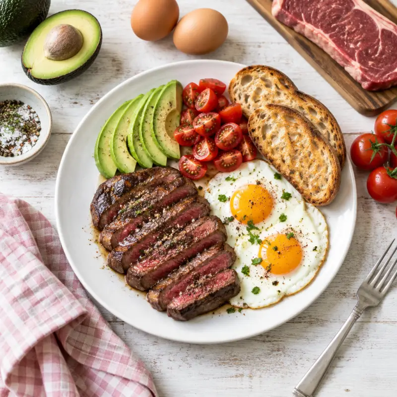 Classic Steak & Egg Breakfast with Avocado, Tomato and Toast, plated