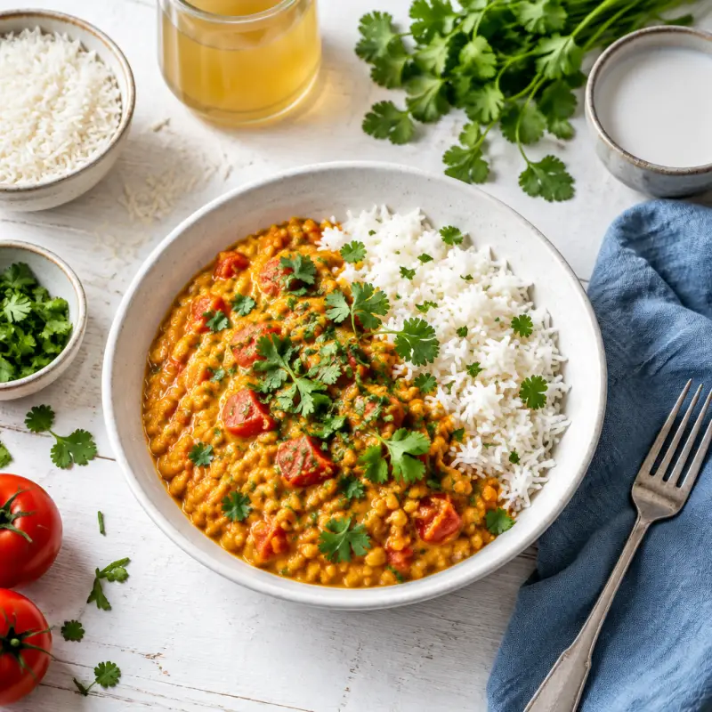 Coconut Curry Red Lentil Dahl with Tomatoes, Cilantro & Rice, plated