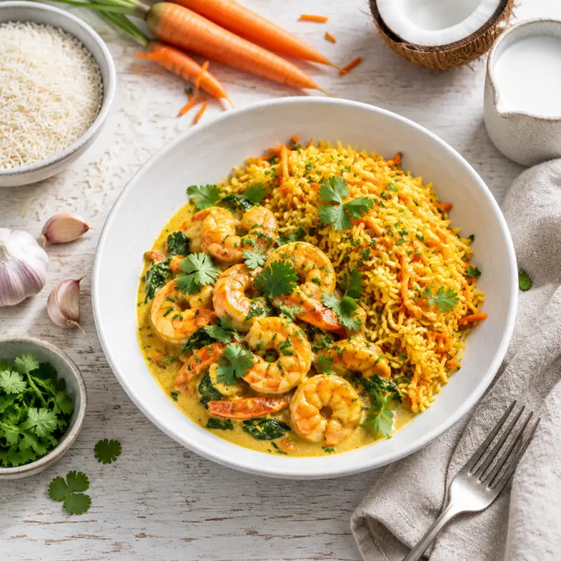 Coconut Curry Shrimp with Carrot Rice, plated