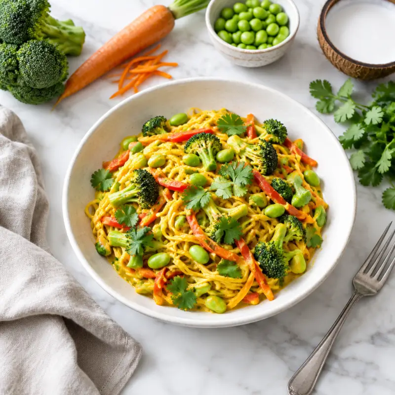 Coconut-Turmeric Rice Noodles with Edamame, Veggies & Cilantro, plated