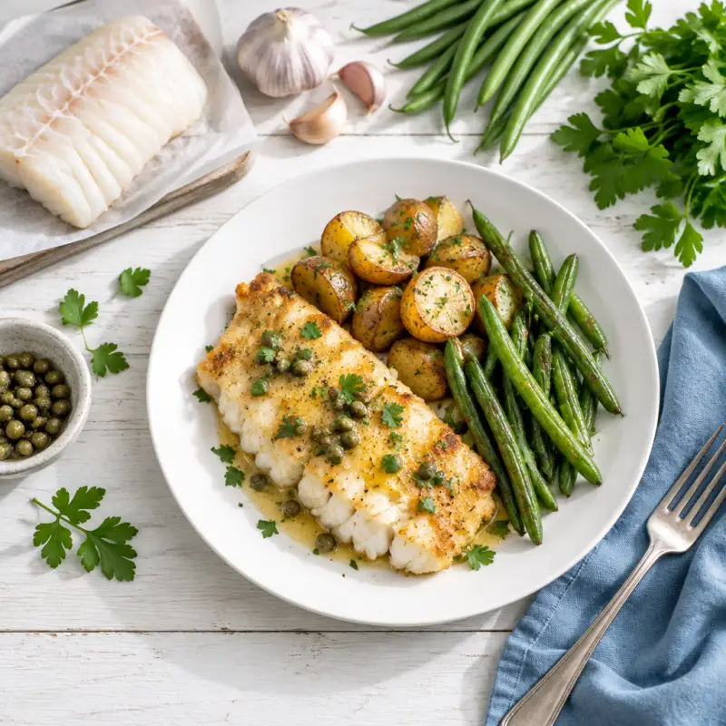 Cod à la Meunière with Roasted Green Beans & Potatoes, plated