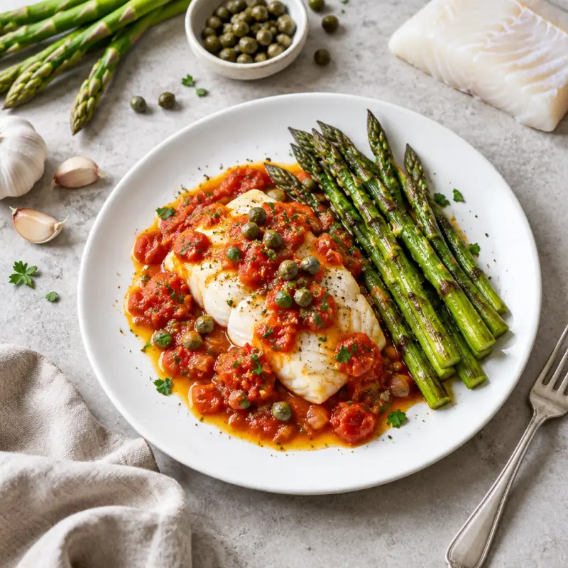 Cod Poached in Fresh Tomato Sauce with Roasted Asparagus, plated