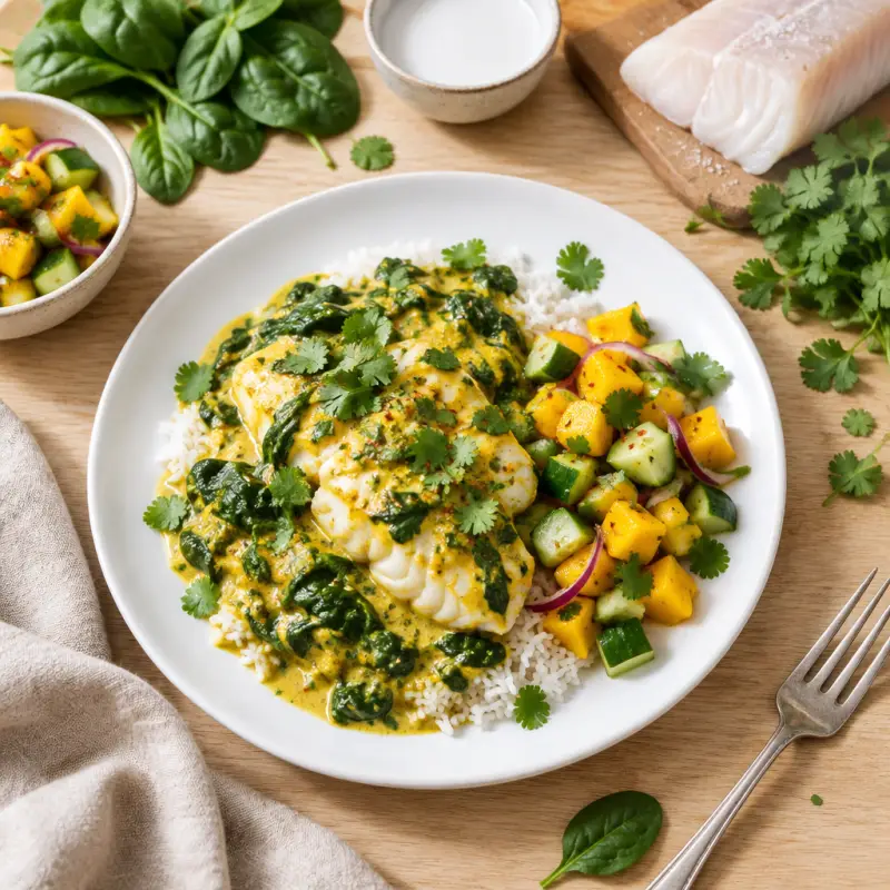 Cod, Spinach & Cilantro Coconut Curry with Spicy Mango-Cucumber Salad, plated