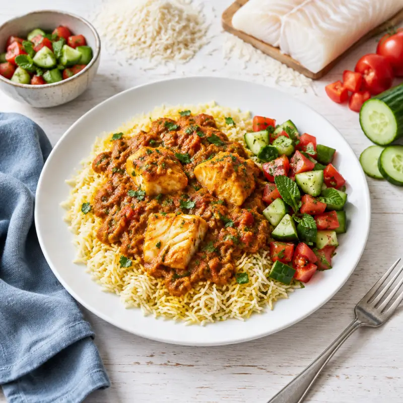 Cod Tikka Masala over Pilau Rice with Cucumber, Tomato & Mint Salad, plated