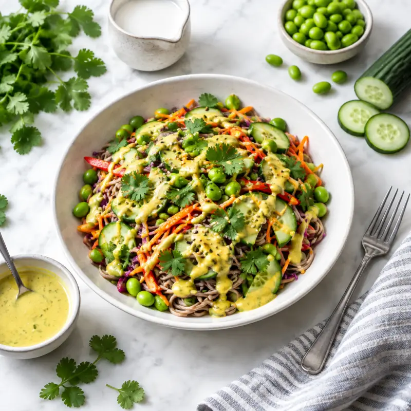 Cold Soba Noodle, Edamame & Veggie Salad with Curried Coconut Dressing, plated