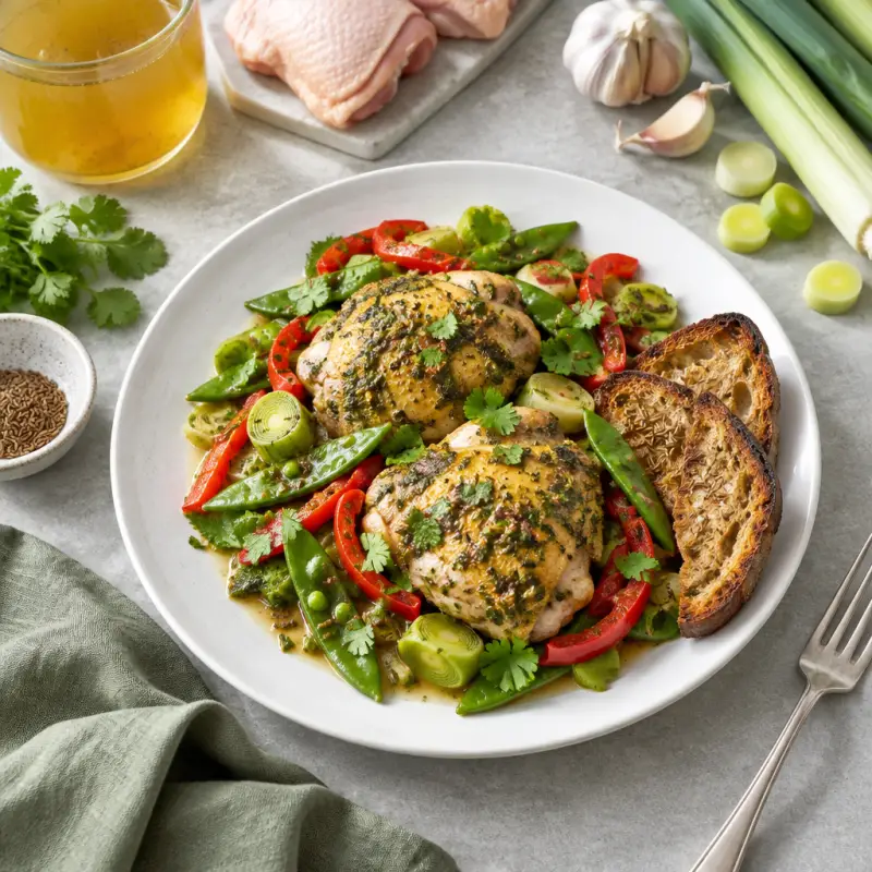 Coriander Chicken Thighs with Leeks, Snap Peas, Peppers & Cumin Toast, plated