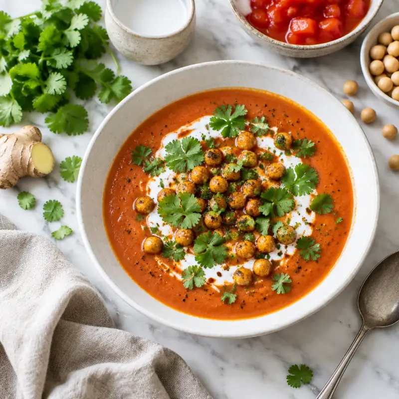 Coriander-Ginger Tomato Soup with Crispy Chickpeas, Cilantro & Yogurt, plated