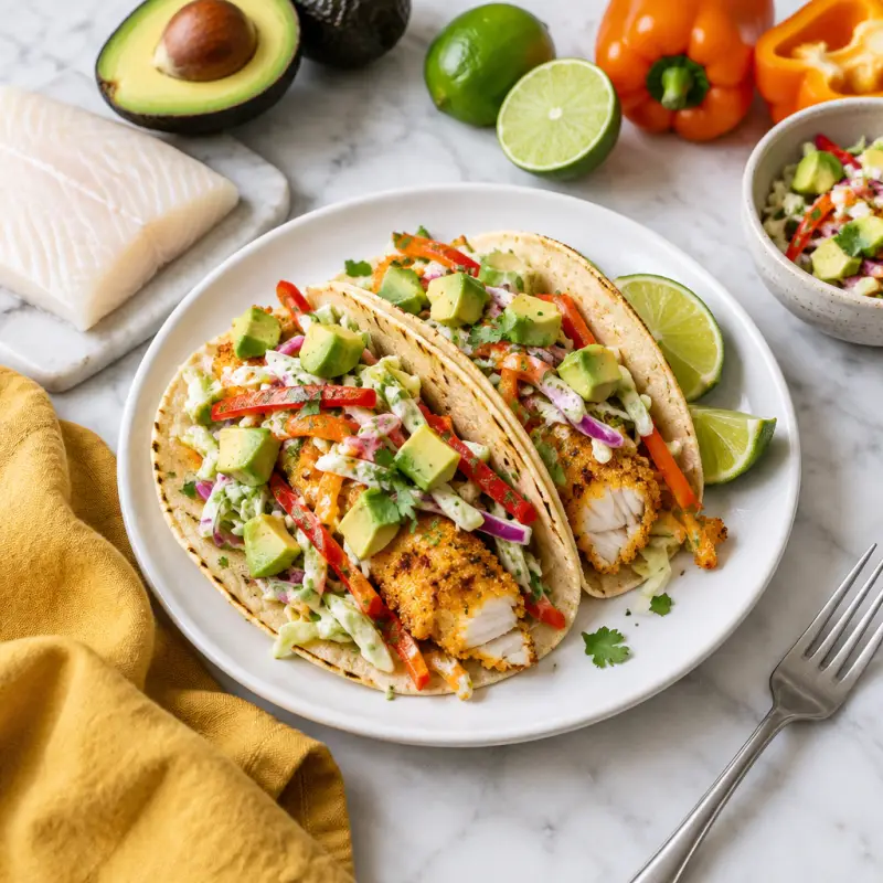 Cornmeal-Crusted Fish Tacos with Bell Pepper, Onion & Avocado Slaw, plated