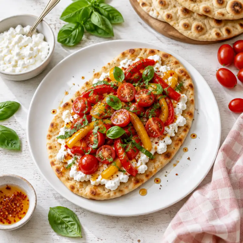 Cottage Cheese Flatbread with Bell Pepper, Tomato, Basil & Hot Honey, plated
