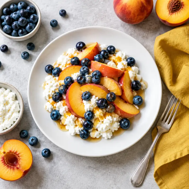 Cottage Cheese with Peaches, Blueberries & Maple Syrup, plated
