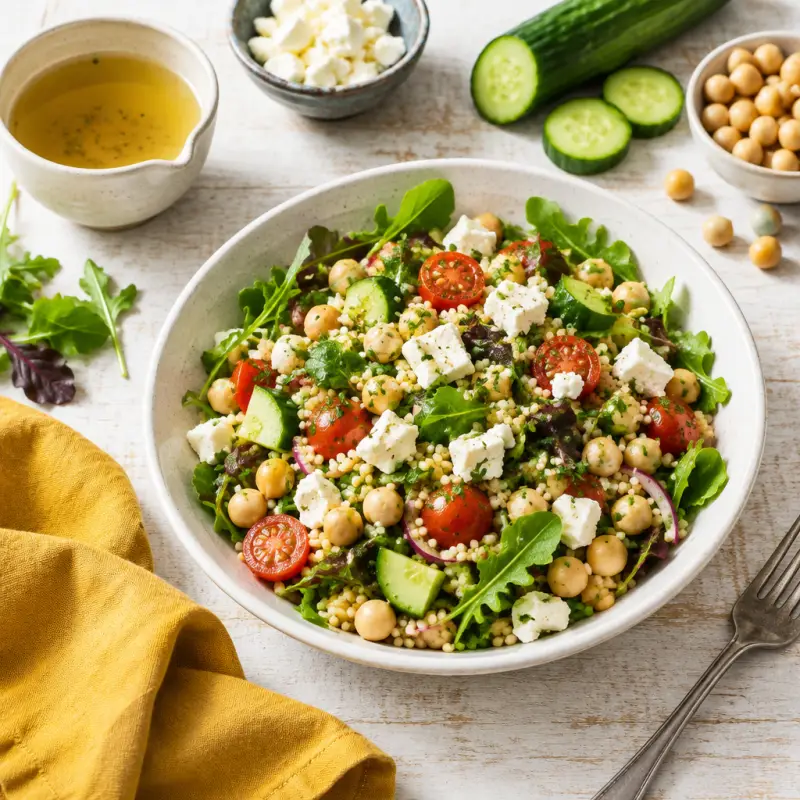 Couscous Greek Salad with Spring Greens & Feta, plated