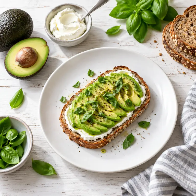 Cream Cheese, Avocado & Basil Toast, plated