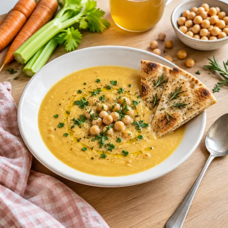 Cream of Chickpea Soup with Toasted Rosemary Pita, plated