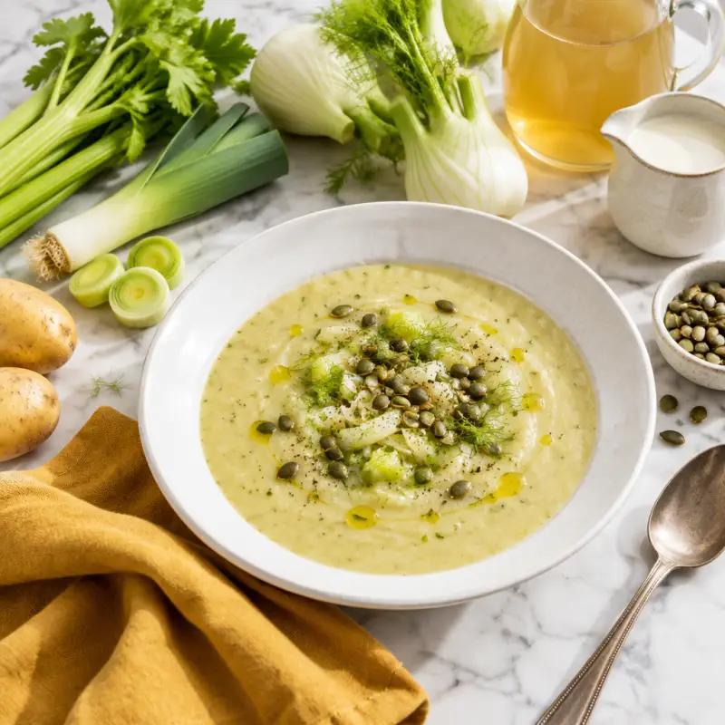 Cream of Fennel Soup with Potato, Leek, Celery & Pumpkin Seeds, plated