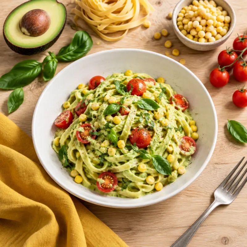 Creamy Avocado Fettuccine with Corn & Cherry Tomatoes, plated