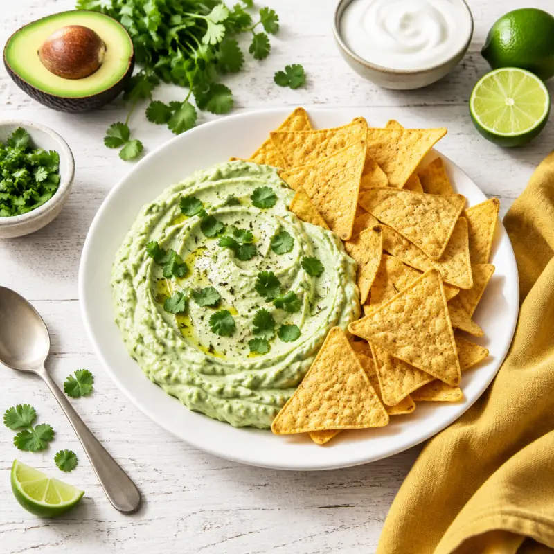 Creamy Avocado-Yogurt Dip with Tortilla Chips, plated