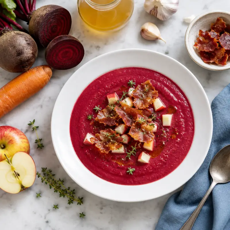 Creamy Beet, Potato & Apple Soup with Crispy Prosciutto, plated
