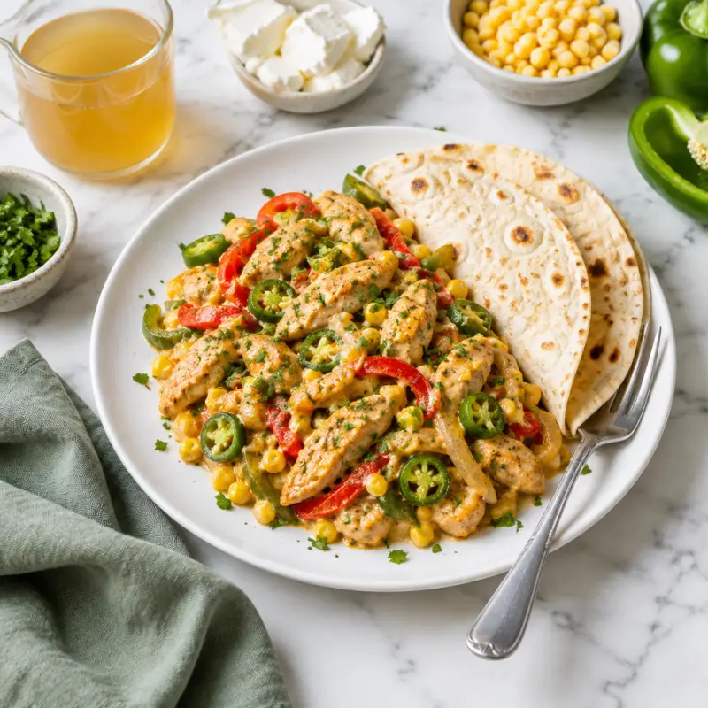 Creamy Bell Pepper, Jalapeño, Onion & Corn Sauté with Warm Tortillas, plated