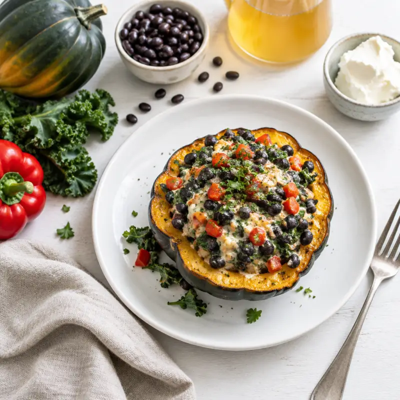 Creamy Black Bean, Kale & Bell Pepper Stuffed Acorn Squash, plated