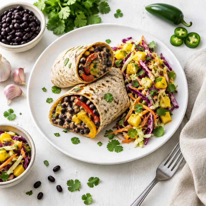 Creamy Black Bean Wraps with Sautéed Bell Peppers & Mango-Cabbage Slaw, plated