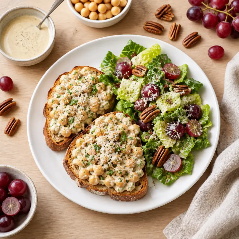 Creamy "Caesar" Chickpea Toasts with Romaine, Grape & Pecan Salad, plated