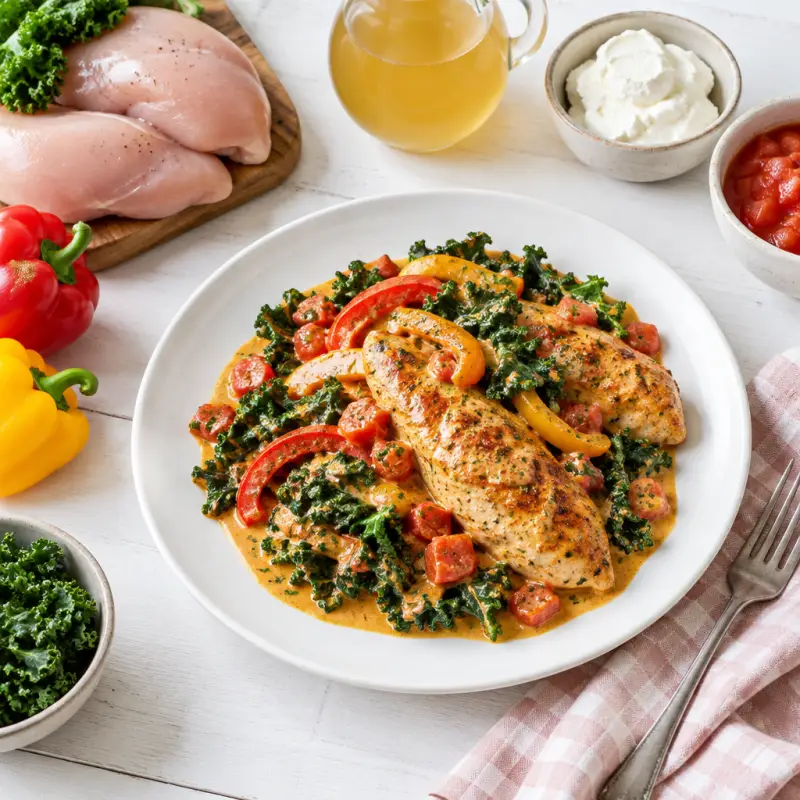Creamy Cajun Chicken with Bell Pepper & Kale Sauté, plated