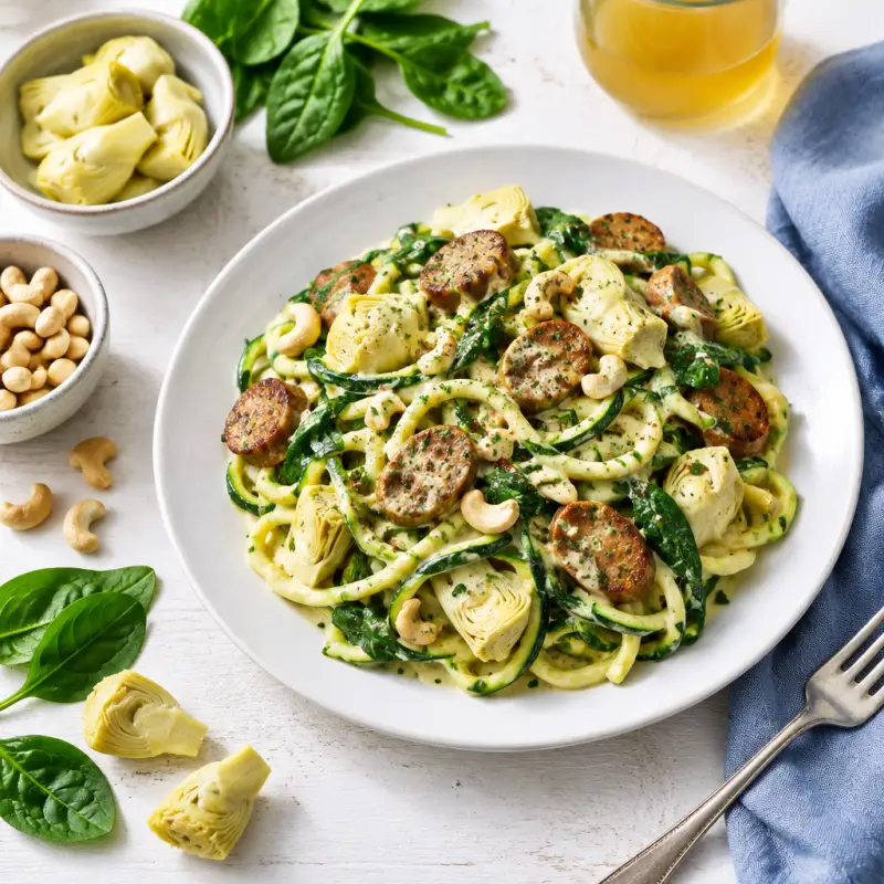 Creamy Cashew Zucchini Noodles with Vegan Sausage, Artichoke & Spinach, plated