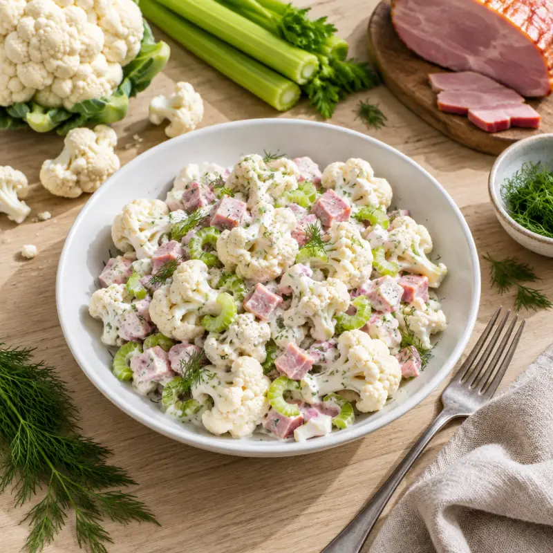 Creamy Cauliflower Salad with Ham, Celery & Dill, plated