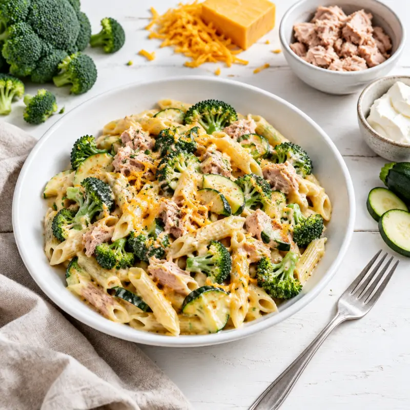 Creamy Cheddar-Tuna Pasta with Sautéed Broccoli & Zucchini, plated