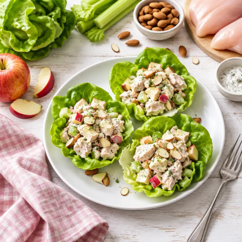 Creamy Chicken, Apple & Almond Salad in Lettuce Cups, plated