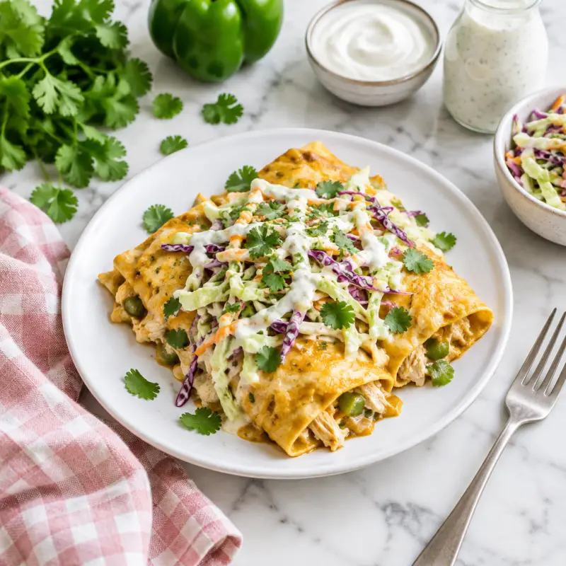 Creamy Chicken Enchiladas with Bell Pepper, Cilantro & Ranch Slaw, plated