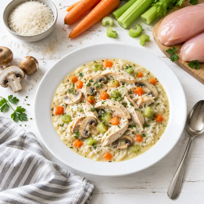 Creamy Chicken & Mushroom Soup with Rice, plated
