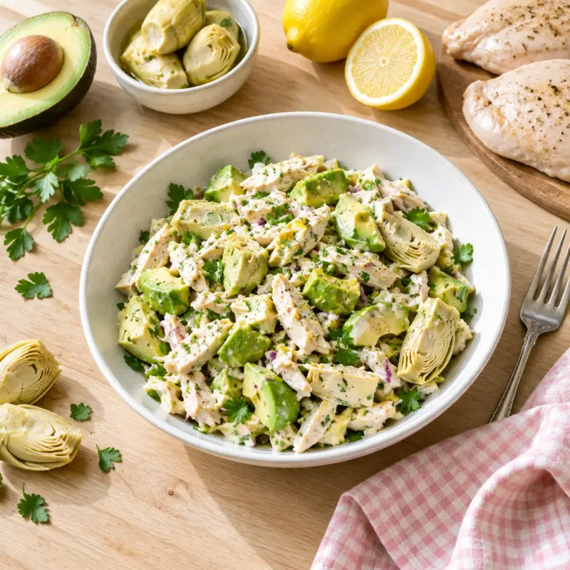 Creamy Chicken Salad with Avocado & Artichoke Hearts, plated