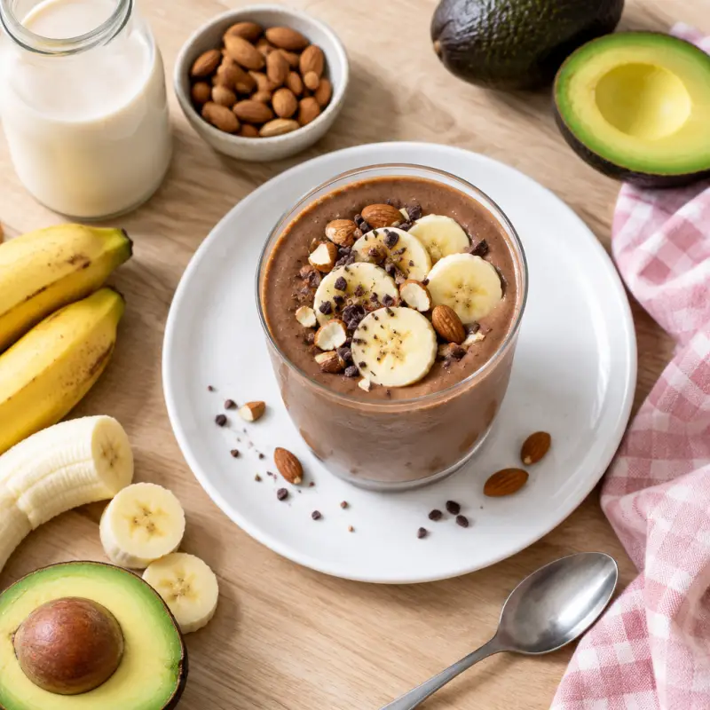 Creamy Chocolate Almond Smoothie with Banana & Avocado, plated