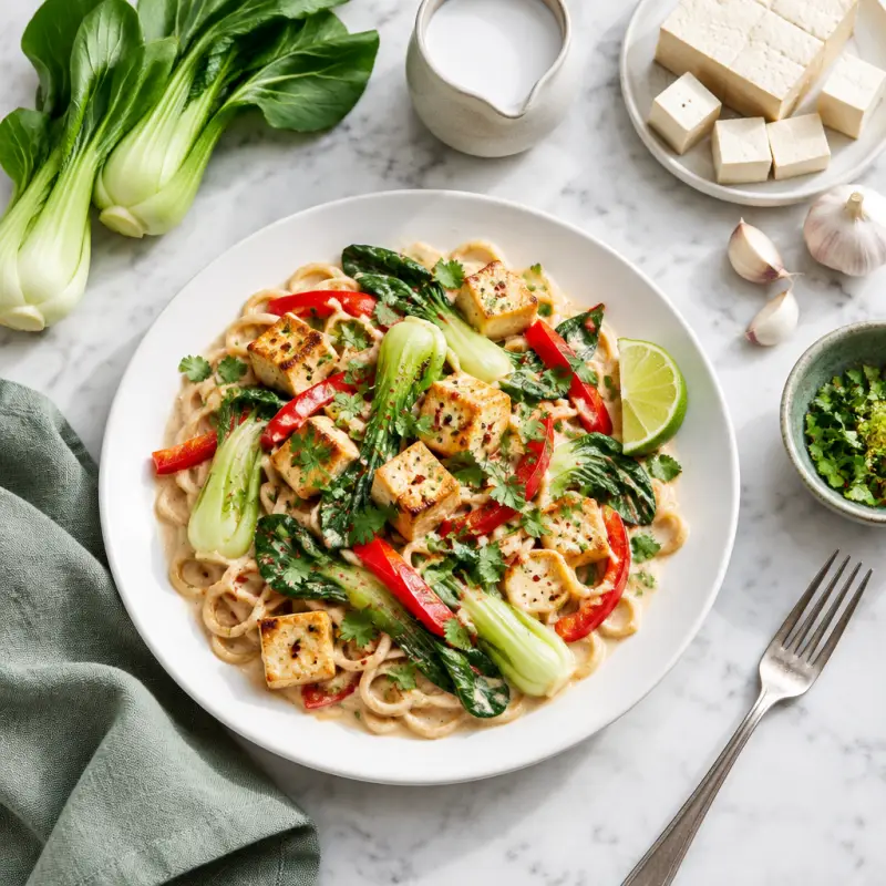 Creamy Coconut Noodles with Tofu, Bok Choy, Bell Pepper & Lime, plated