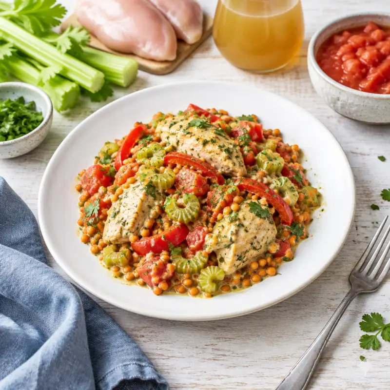 Creamy Coriander Chicken, Bell Pepper & Celery Sauté with Red Lentils, plated