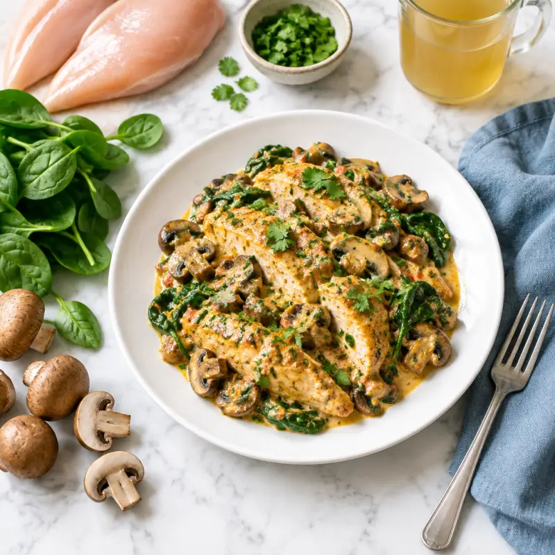 Creamy Coriander Chicken "Enchilada" Skillet with Spinach & Mushrooms, plated