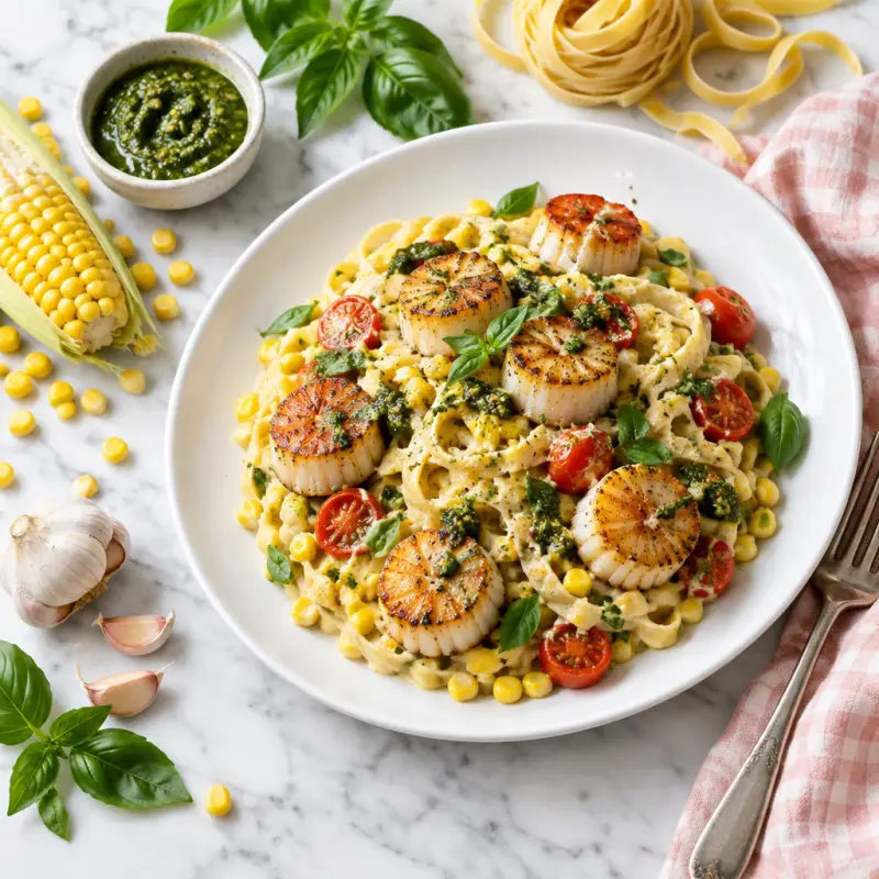 Creamy Corn Fettuccini with Seared Scallops, Tomatoes & Basil Pesto, plated