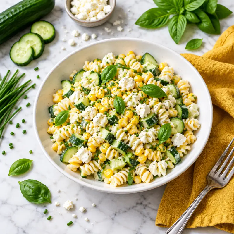 Creamy Corn Pasta Salad with Cucumber, Basil, Chives & Feta, plated