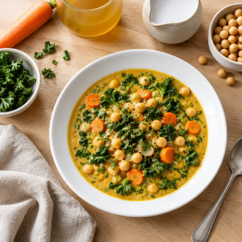 Creamy Curried Kale, Coconut & Chickpea Soup, plated