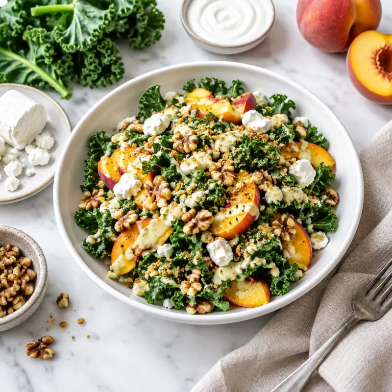Creamy Dijon Kale-Peach Salad with Walnuts, Goat Cheese & Bread Crumbs, plated