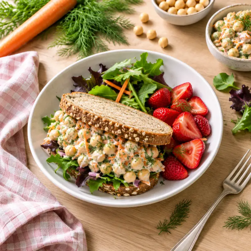 Creamy Dill Chickpea Salad Sandwich with Strawberries, plated