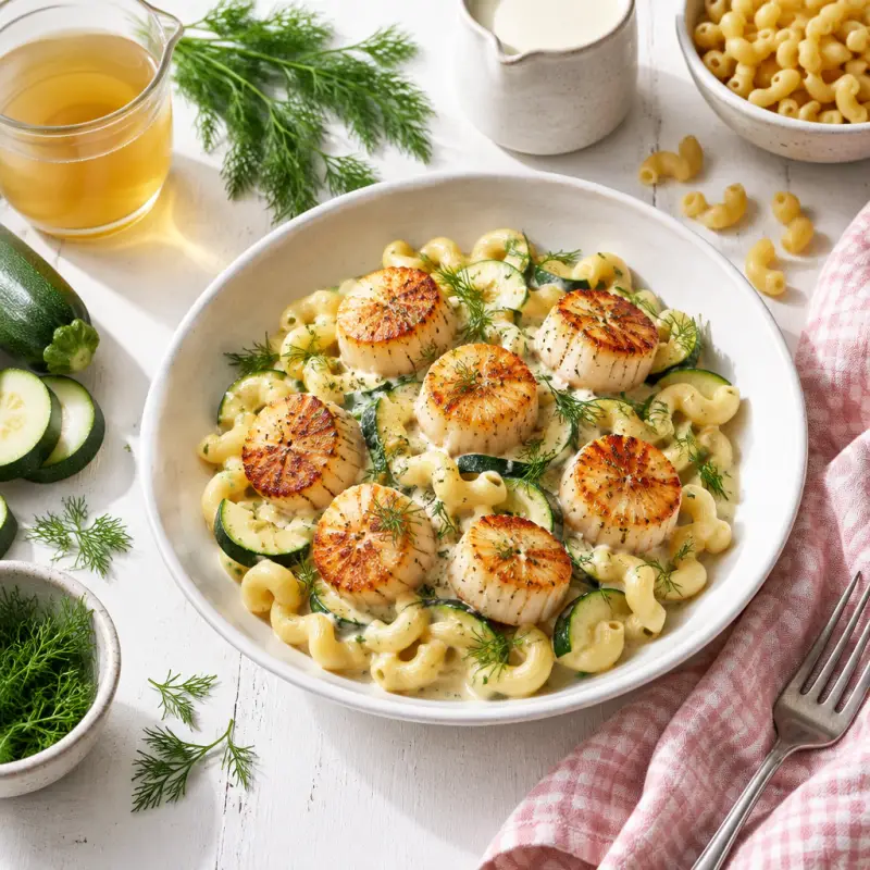 Creamy Dill Pasta with Seared Scallops & Zucchini, plated